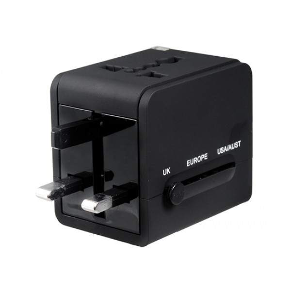 Dual USB Universal World Travel Power Adapter with AU/US/EU/UK Plugs & LED Indicator Light (Black)