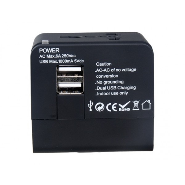 Dual USB Universal World Travel Power Adapter with AU/US/EU/UK Plugs & LED Indicator Light (Black)