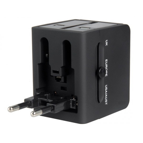 Dual USB Universal World Travel Power Adapter (Black)