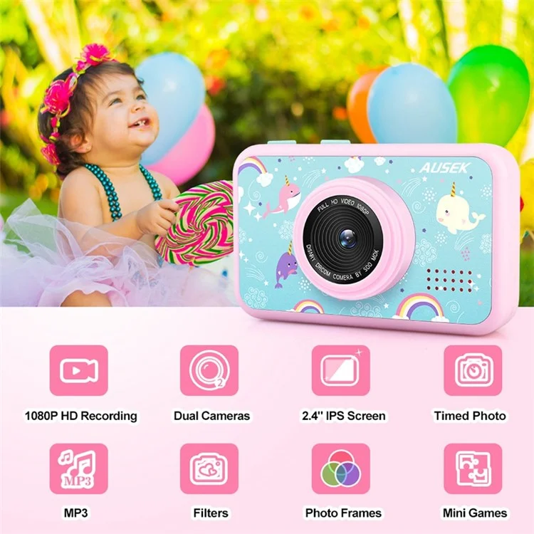 AD-G29D 2.4 inch Screen Kids Camera Front/Back Dual Camera Portable Handheld Mini Camera with Games/Filters/Frames - Pink