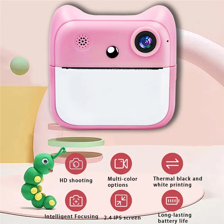 A25 2.4 Inch Kids Instant Print Digital Camera Built-In Games Video Recorder, with 32G TF Card + Card Reader - Pink