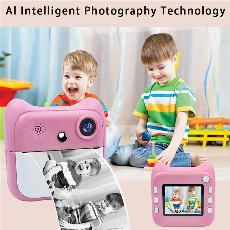 A25 2.4 Inch Kids Instant Print Digital Camera Built-In Games Video Recorder, with 32G TF Card + Card Reader - Pink