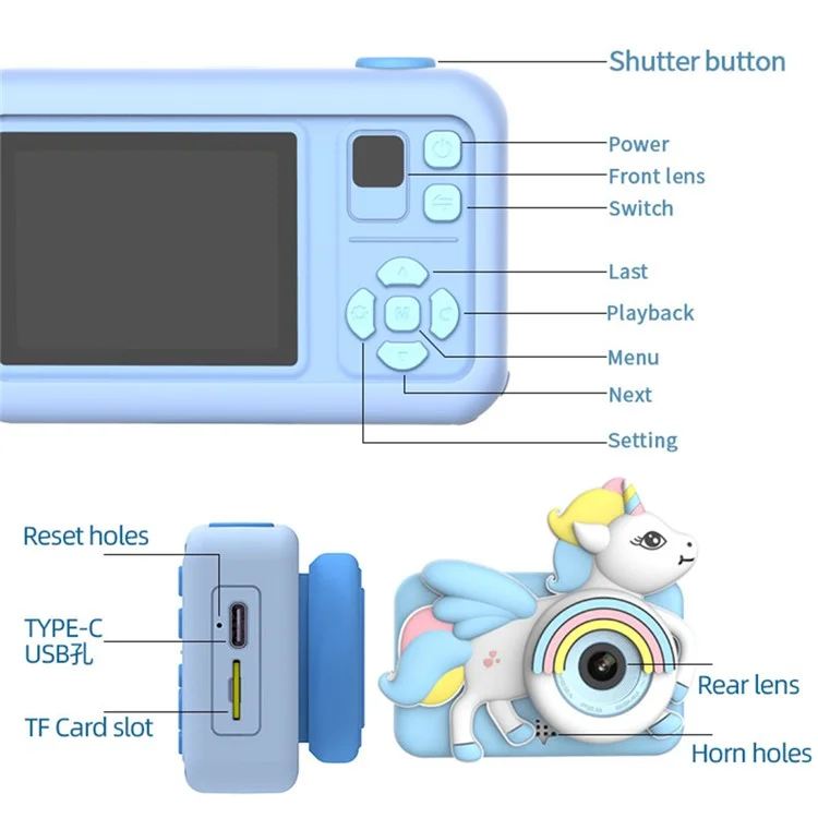 D32 Cartoon Design 2-inch Screen Children HD Dual Lens Camera with Tripod + 32G TF Card + Card Reader - Blue