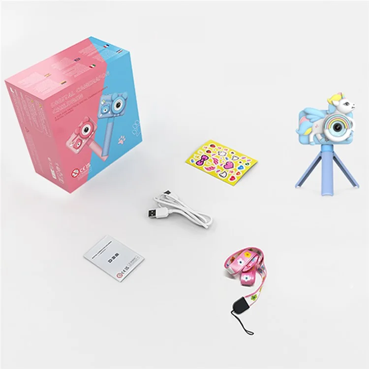 D32 Cartoon Design 2-inch Screen Children HD Dual Lens Camera with Tripod + 32G TF Card + Card Reader - Blue