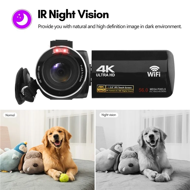 4K Digital Video Camera 3.0 Inch IPS Touch Screen WiFi Camcorder Portable DV Recorder 56MP 18X Digital Zoom Support Face Detection IR Night Vision with 2 Batteries + Remote Control + Carry Bag + External Microphone + 0.39X Wide Angle Lens