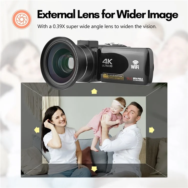 4K Digital Video Camera 3.0 Inch IPS Touch Screen WiFi Camcorder Portable DV Recorder 56MP 18X Digital Zoom Support Face Detection IR Night Vision with 2 Batteries + Remote Control + Carry Bag + External Microphone + 0.39X Wide Angle Lens