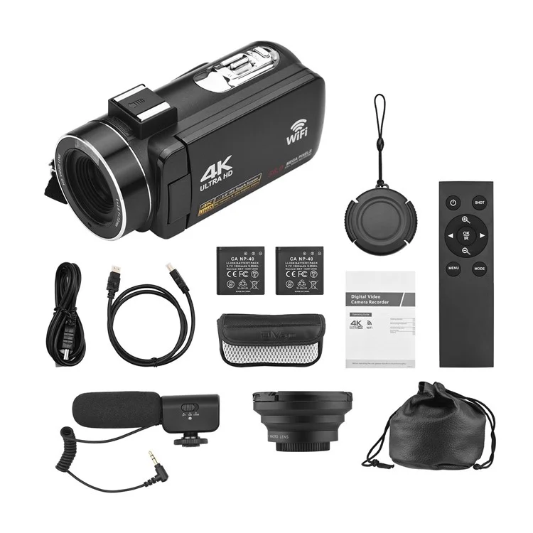 4K Digital Video Camera 3.0 Inch IPS Touch Screen WiFi Camcorder Portable DV Recorder 56MP 18X Digital Zoom Support Face Detection IR Night Vision with 2 Batteries + Remote Control + Carry Bag + External Microphone + 0.39X Wide Angle Lens